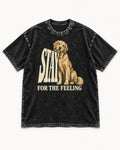 Golden Retriever Stay for the Feeling Leaning Puppy Graphic Washed Tee in Black, flat lay product photo