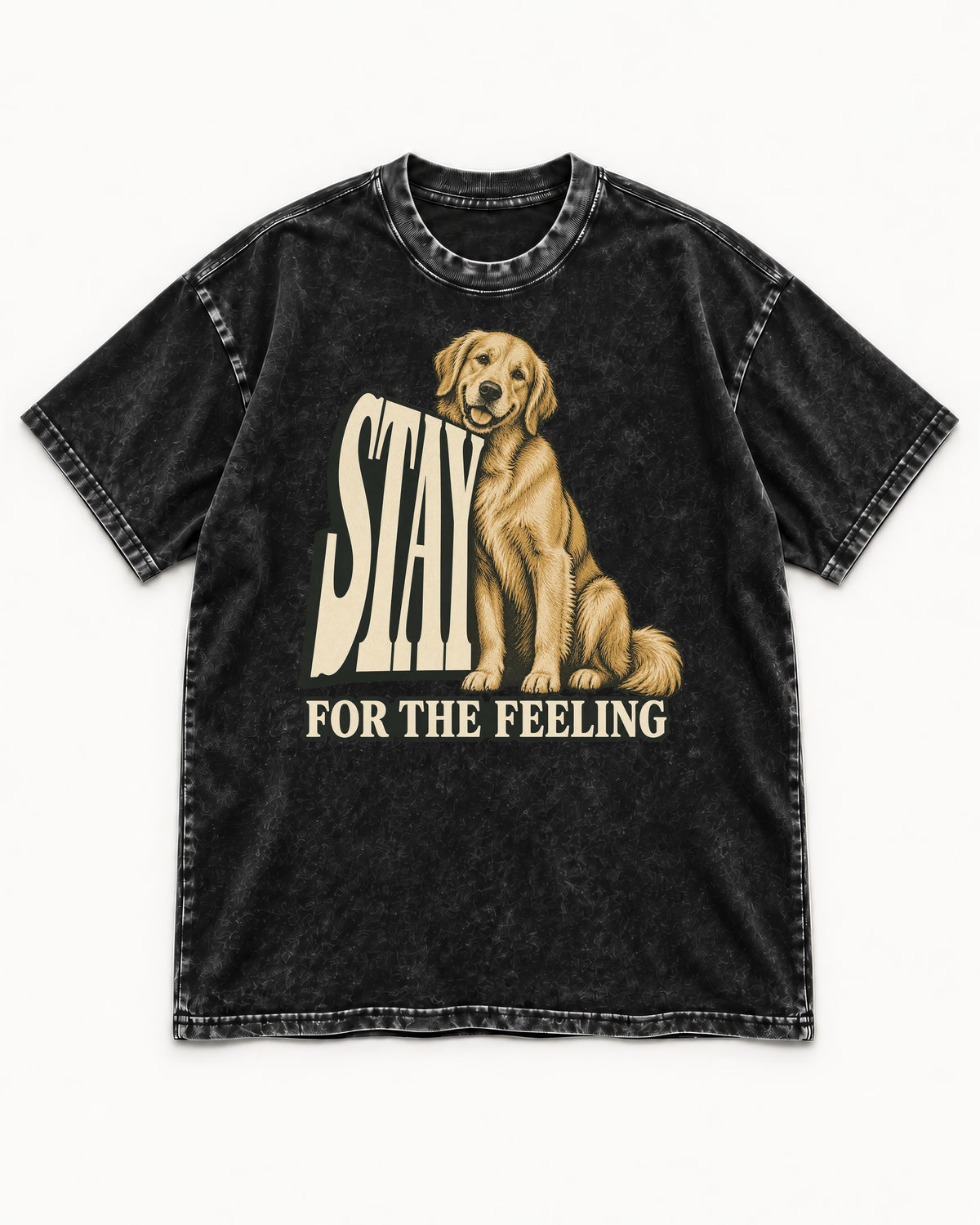 Golden Retriever Stay for the Feeling Leaning Puppy Graphic Washed Tee in Black, flat lay product photo