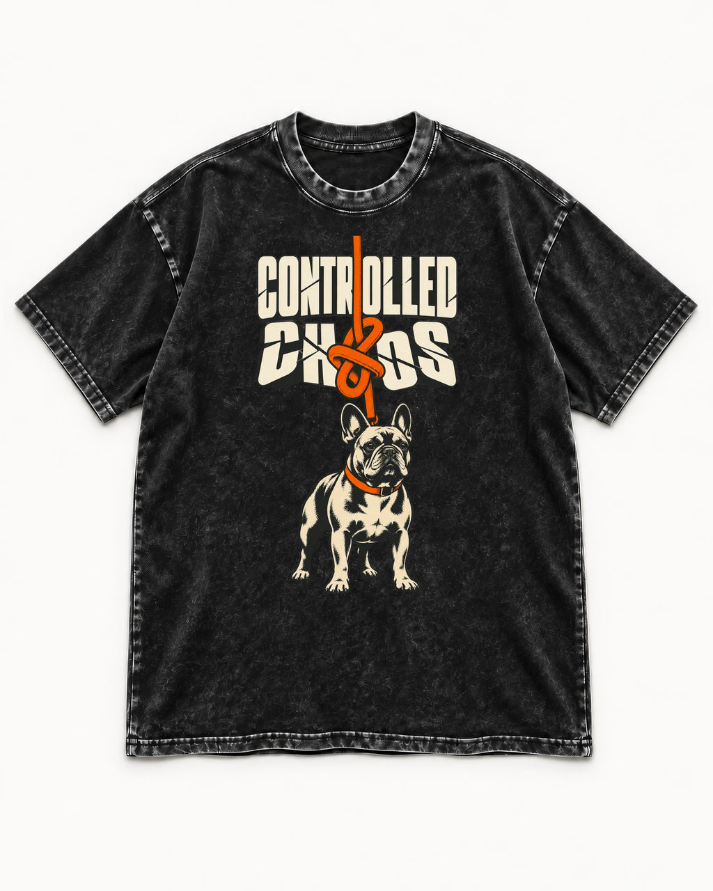 Frenchie Controlled Chaos Leash Knot Graphic Washed Tee in Black, flat lay product photo