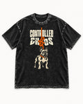 Frenchie Controlled Chaos Leash Knot Graphic Washed Tee in Black, flat lay product photo