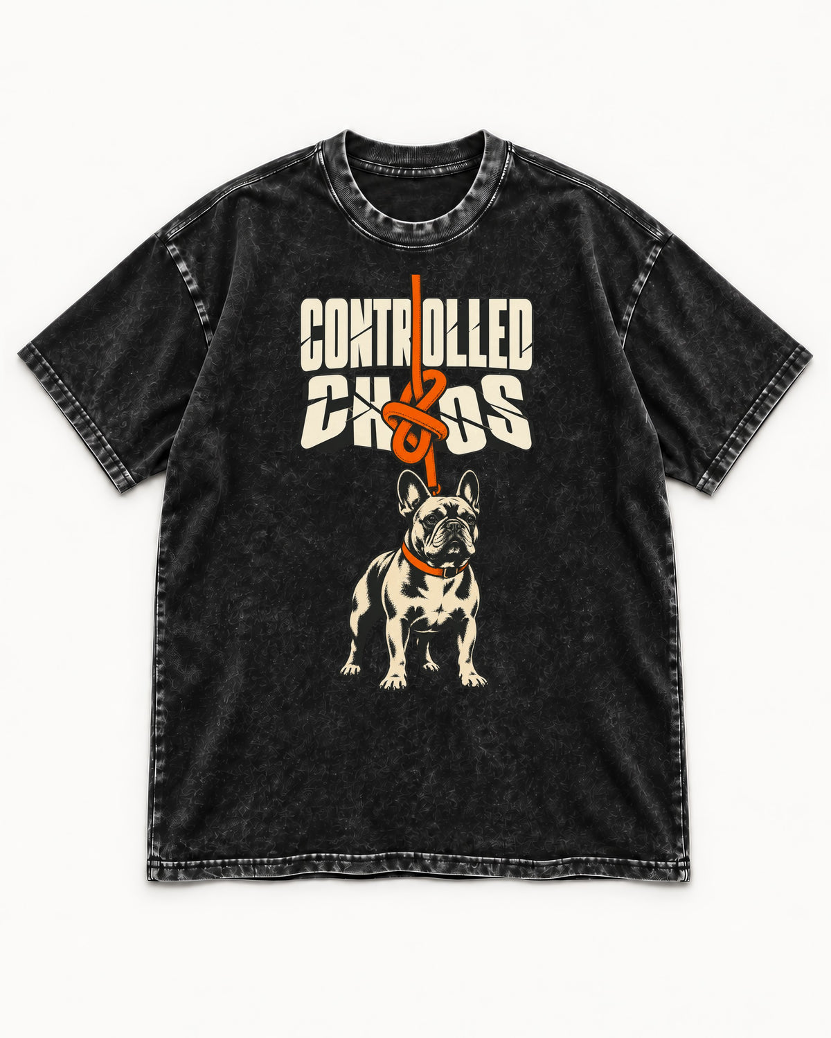 Frenchie Controlled Chaos Leash Knot Graphic Washed Tee in Black, flat lay product photo