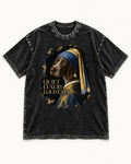 German Shorthaired Pointer Quiet Luxury Loud Eyes Pearl Earring Portrait Graphic Washed Tee in Black, flat lay product photo