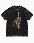 Frenchie Almost Symmetrical Torn Split Graphic Washed Tee in Black, flat lay product photo