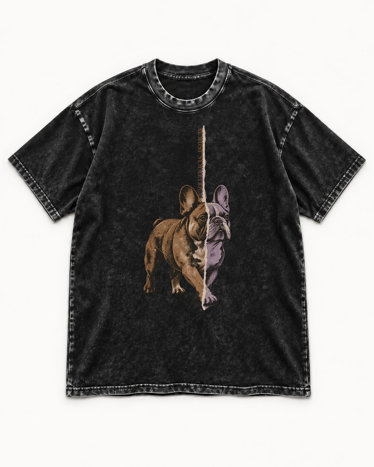 Frenchie Almost Symmetrical Torn Split Graphic Washed Tee in Black, flat lay product photo