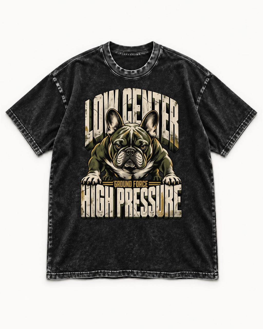 Frenchie Low Center High Pressure Graphic Washed Tee in Black, flat lay product photo