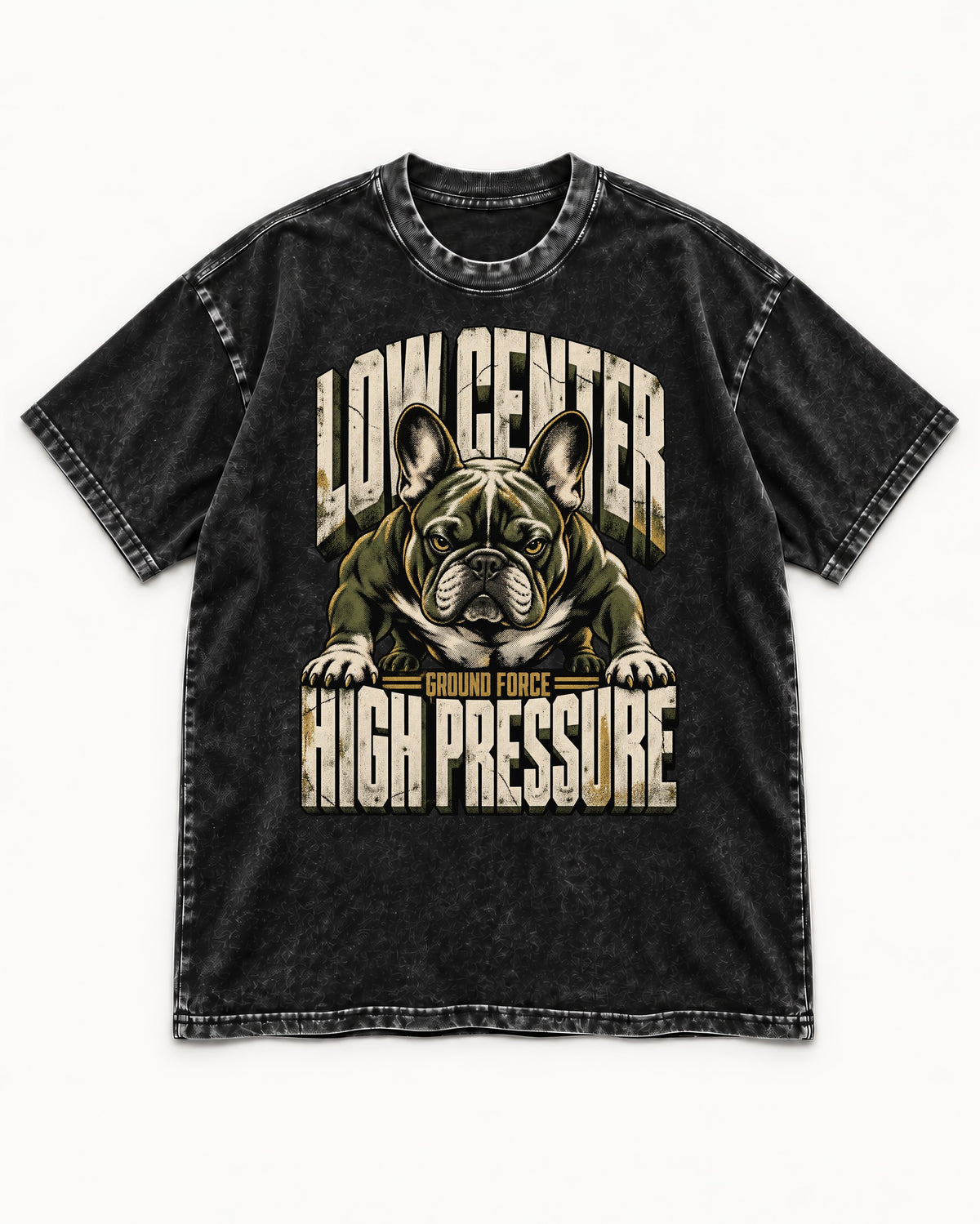 Frenchie Low Center High Pressure Graphic Washed Tee in Black, flat lay product photo
