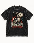 Husky Night Shift No Supervision Vampire Graphic Washed Tee in Black, flat lay product photo
