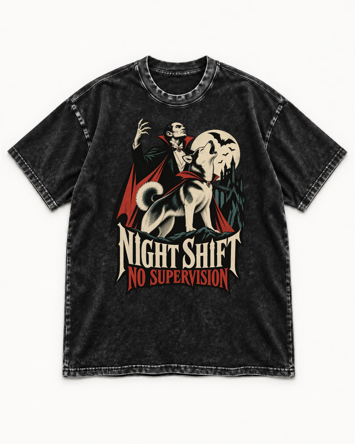 Husky Night Shift No Supervision Vampire Graphic Washed Tee in Black, flat lay product photo