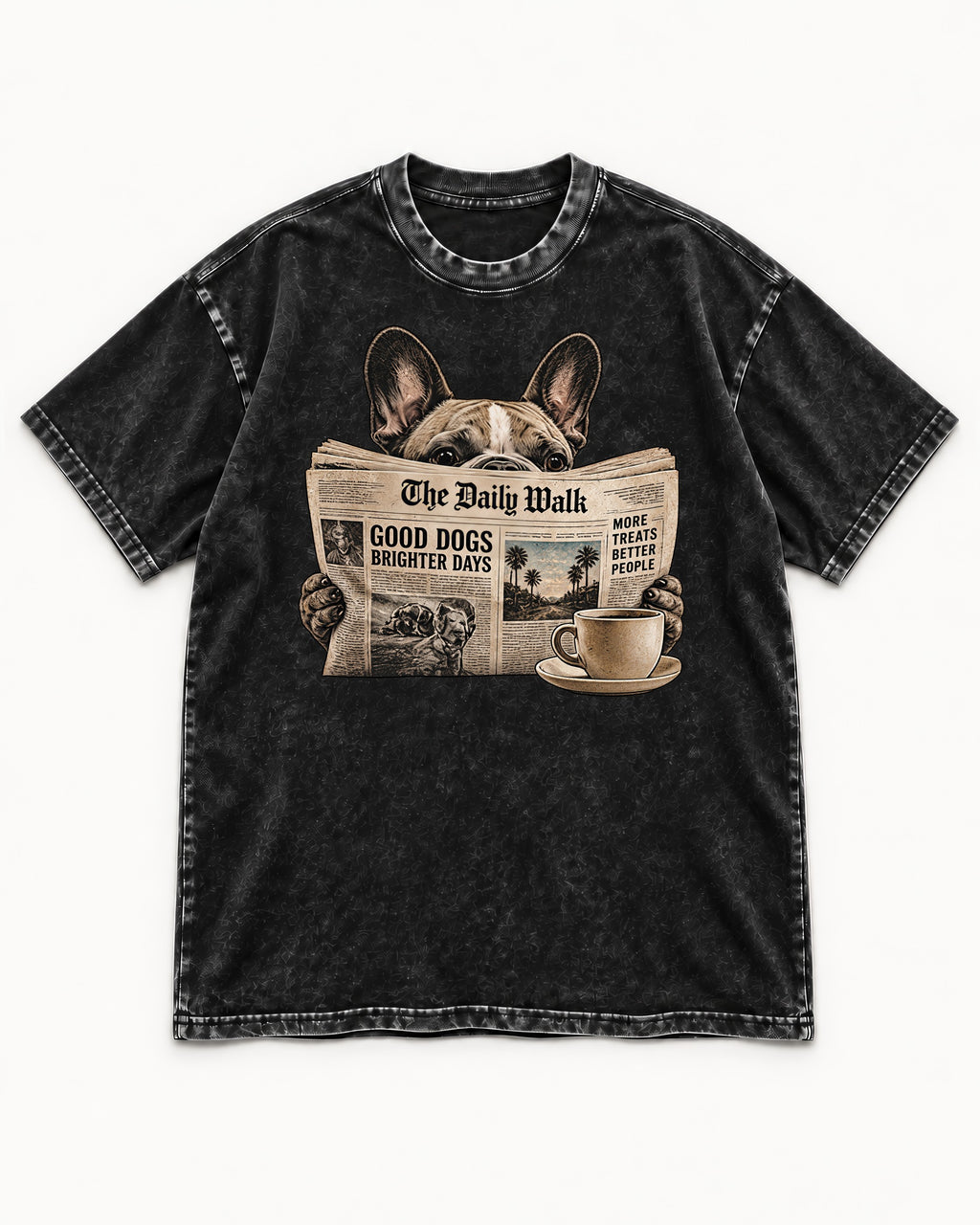 Frenchie Good Dogs Brighter Days Newspaper Graphic Washed Tee in Black, flat lay product photo