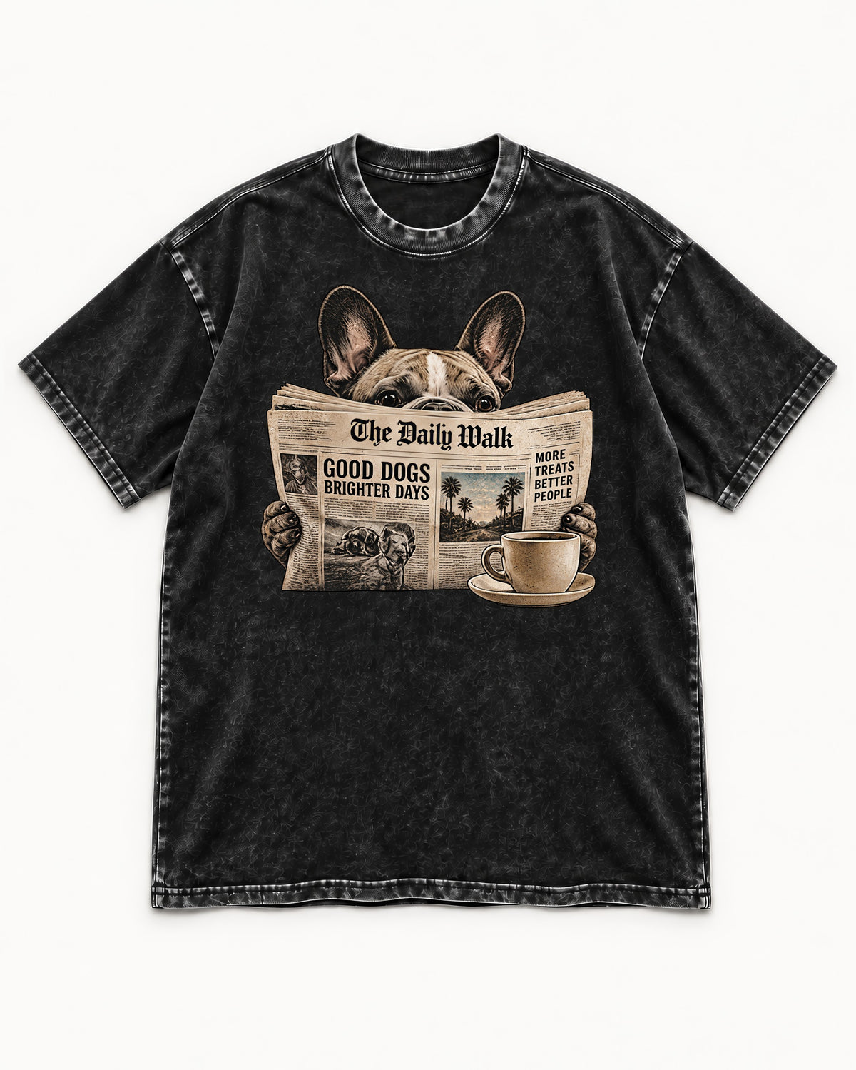 Frenchie Good Dogs Brighter Days Newspaper Graphic Washed Tee in Black, flat lay product photo