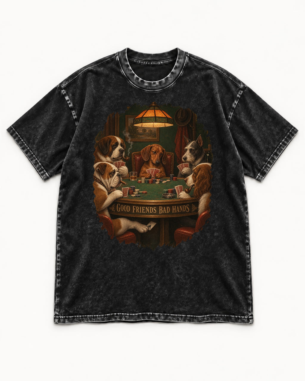 Dachshund Good Friends Bad Hands Poker Scene Washed Tee in Black, flat lay product photo