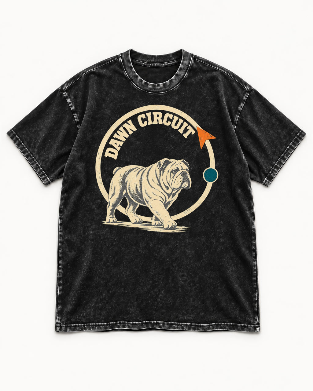 English Bulldog Dawn Circuit Emblem Washed Tee in Black, flat lay product photo