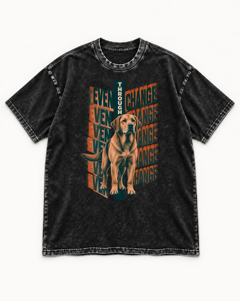 Labrador Retriever Even Through Change Repeated Poster Graphic Washed Tee in Black, flat lay product photo