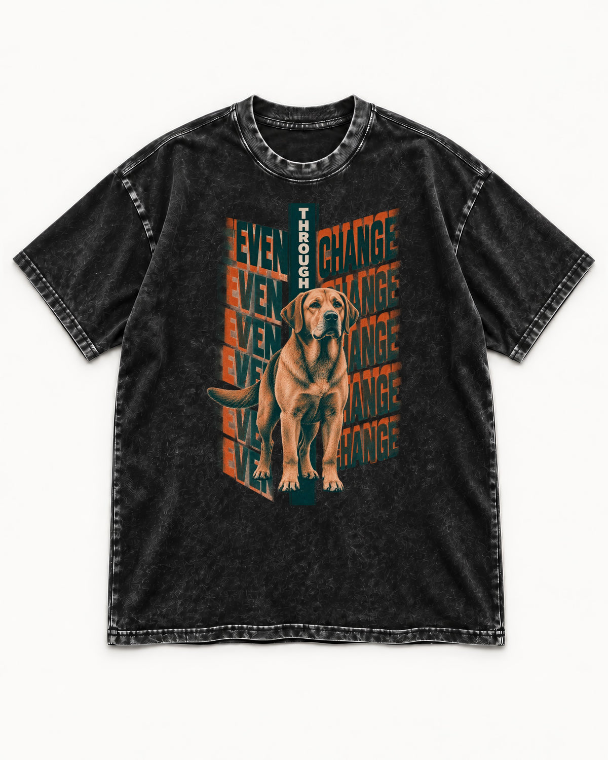 Labrador Retriever Even Through Change Repeated Poster Graphic Washed Tee in Black, flat lay product photo