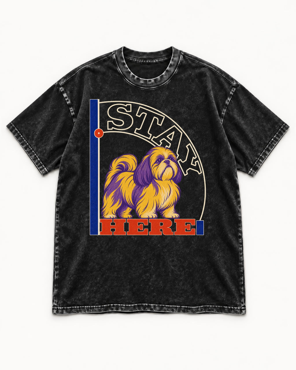 Shih Tzu Stay Here Semicircle Sign Graphic Washed Tee in Black, flat lay product photo