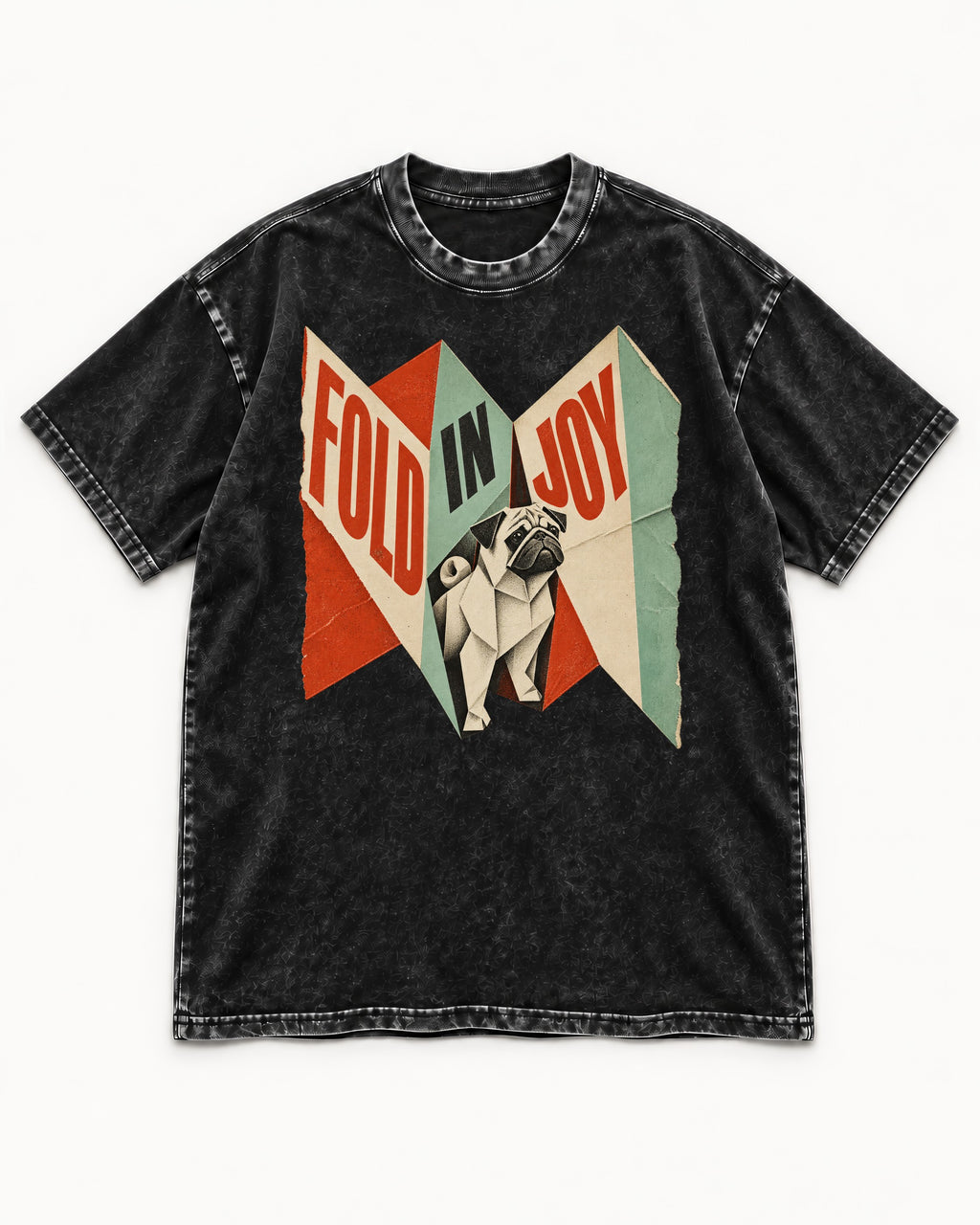 Pug Fold in Joy Geometric Poster Graphic Washed Tee in Black, flat lay product photo