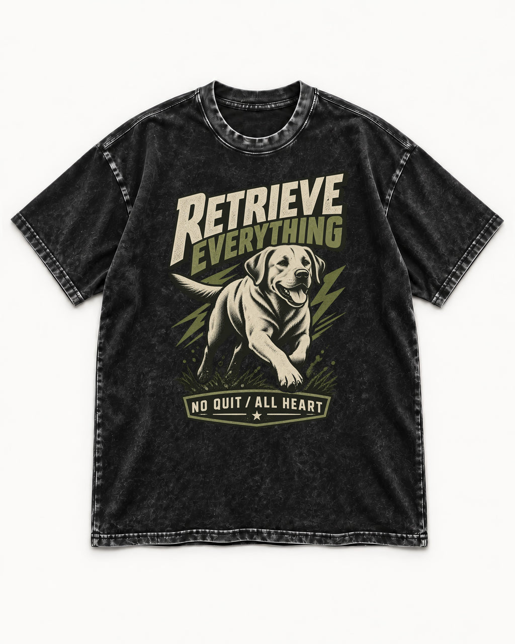 Labrador Retriever Retrieve Everything No Quit All Heart Running Graphic Washed Tee in Black, flat lay product photo
