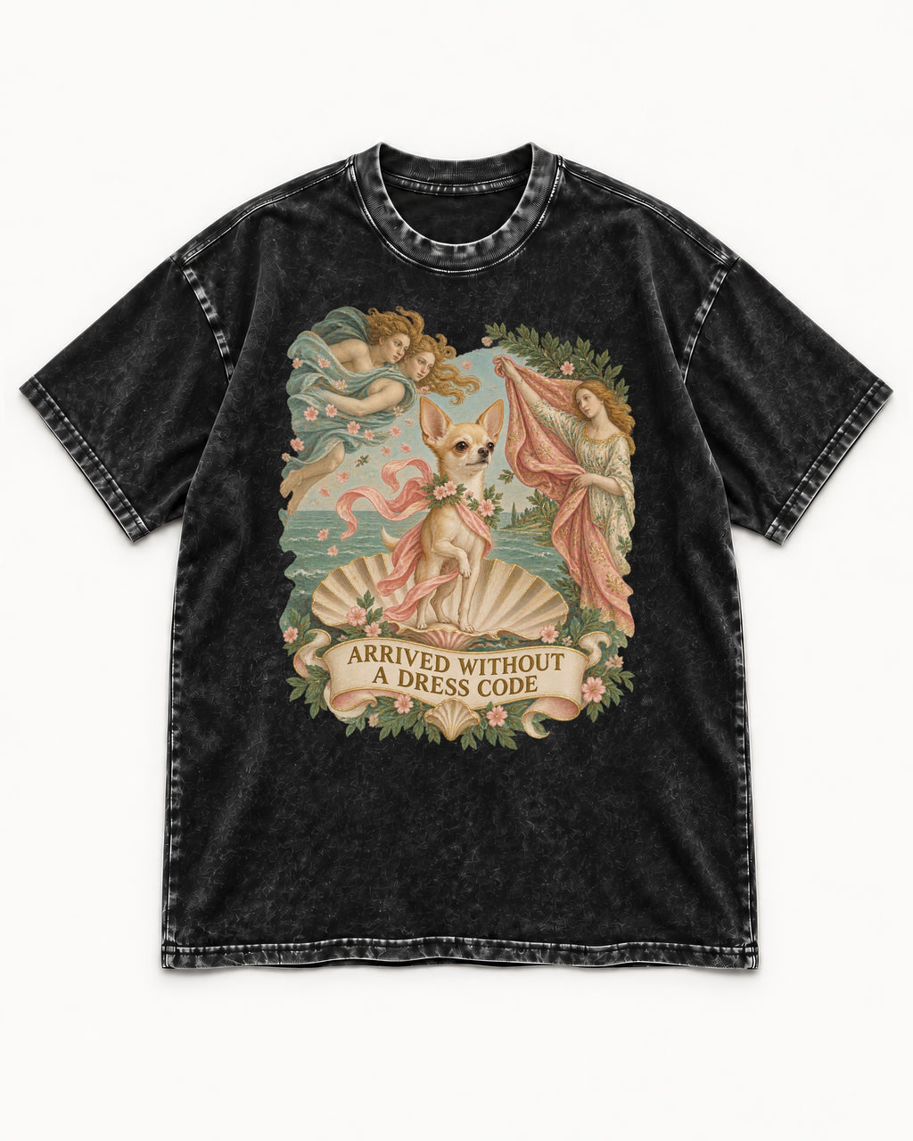Chihuahua Arrived Without a Dress Code Classical Shell Scene Washed Tee in Black, flat lay product photo