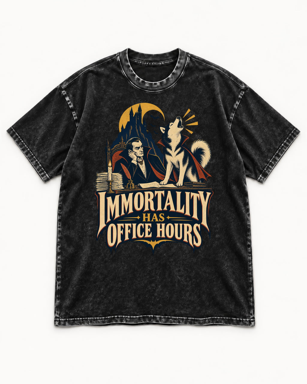 Husky Immortality Has Office Hours Vampire Office Graphic Washed Tee in Black, flat lay product photo