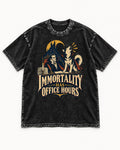 Husky Immortality Has Office Hours Vampire Office Graphic Washed Tee in Black, flat lay product photo