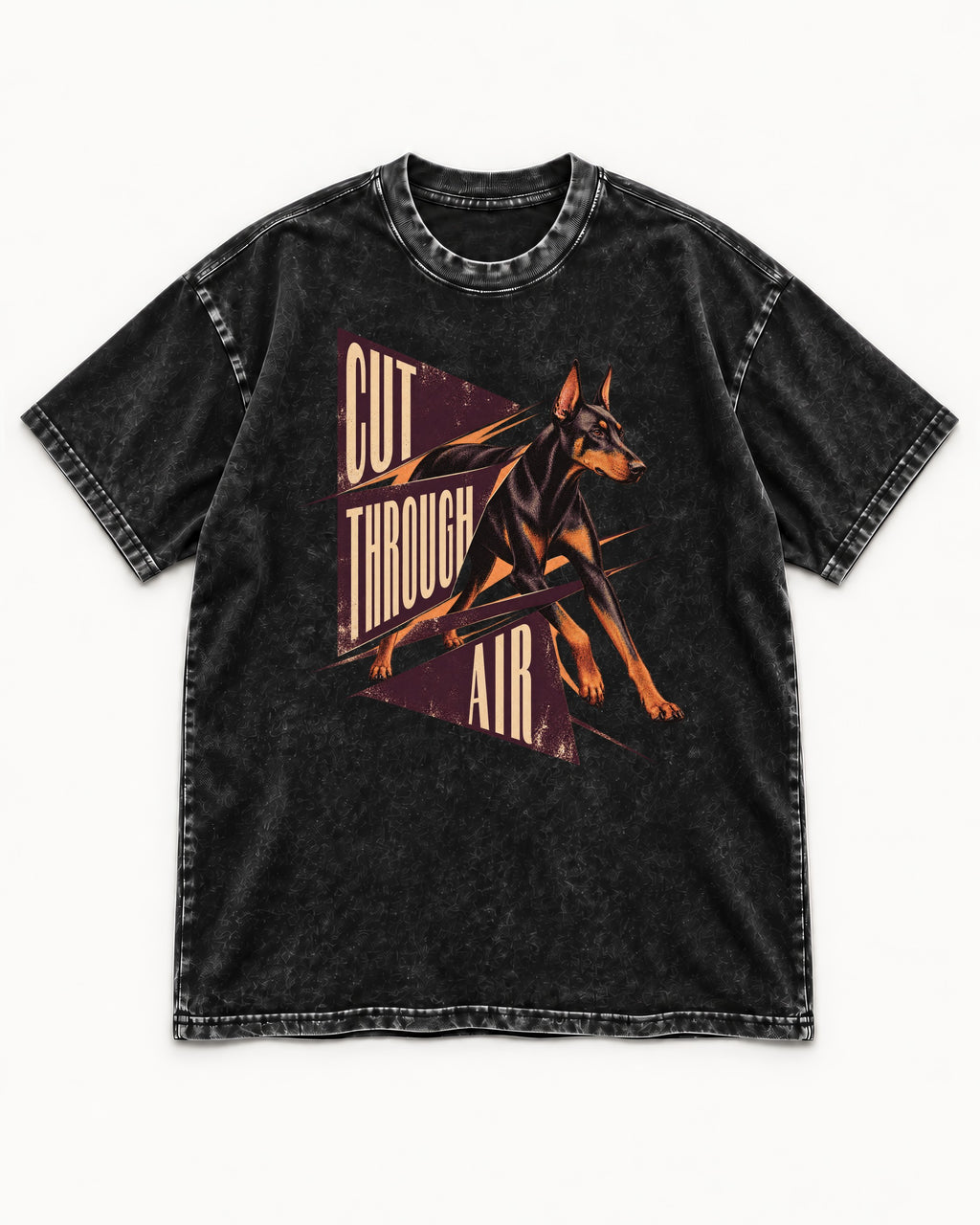 Doberman Cut Through Air Graphic Washed Tee in Black, flat lay product photo