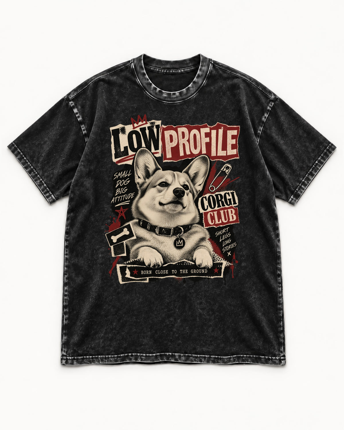 Corgi Low Profile Corgi Club Punk Collage Graphic Washed Tee in Black, flat lay product photo
