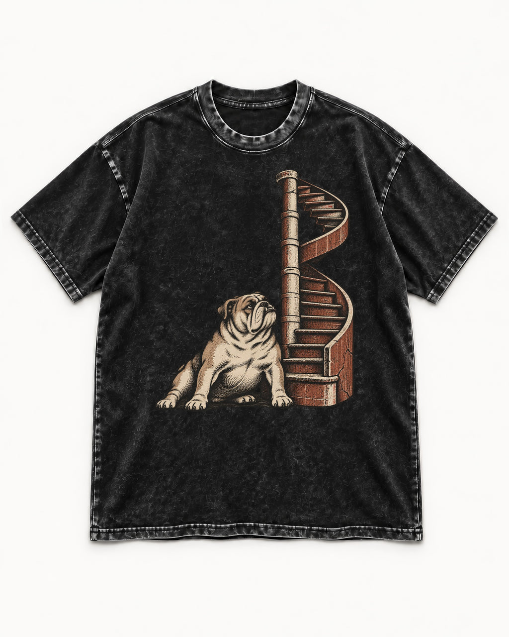 English Bulldog Spiral Staircase Graphic Washed Tee in Black, flat lay product photo