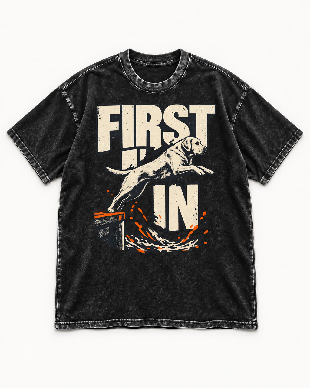 First In Dock Jump Labrador Retriever Graphic Washed Tee in Black, flat lay product photo
