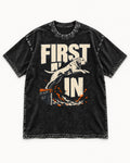 First In Dock Jump Labrador Retriever Graphic Washed Tee in Black, flat lay product photo