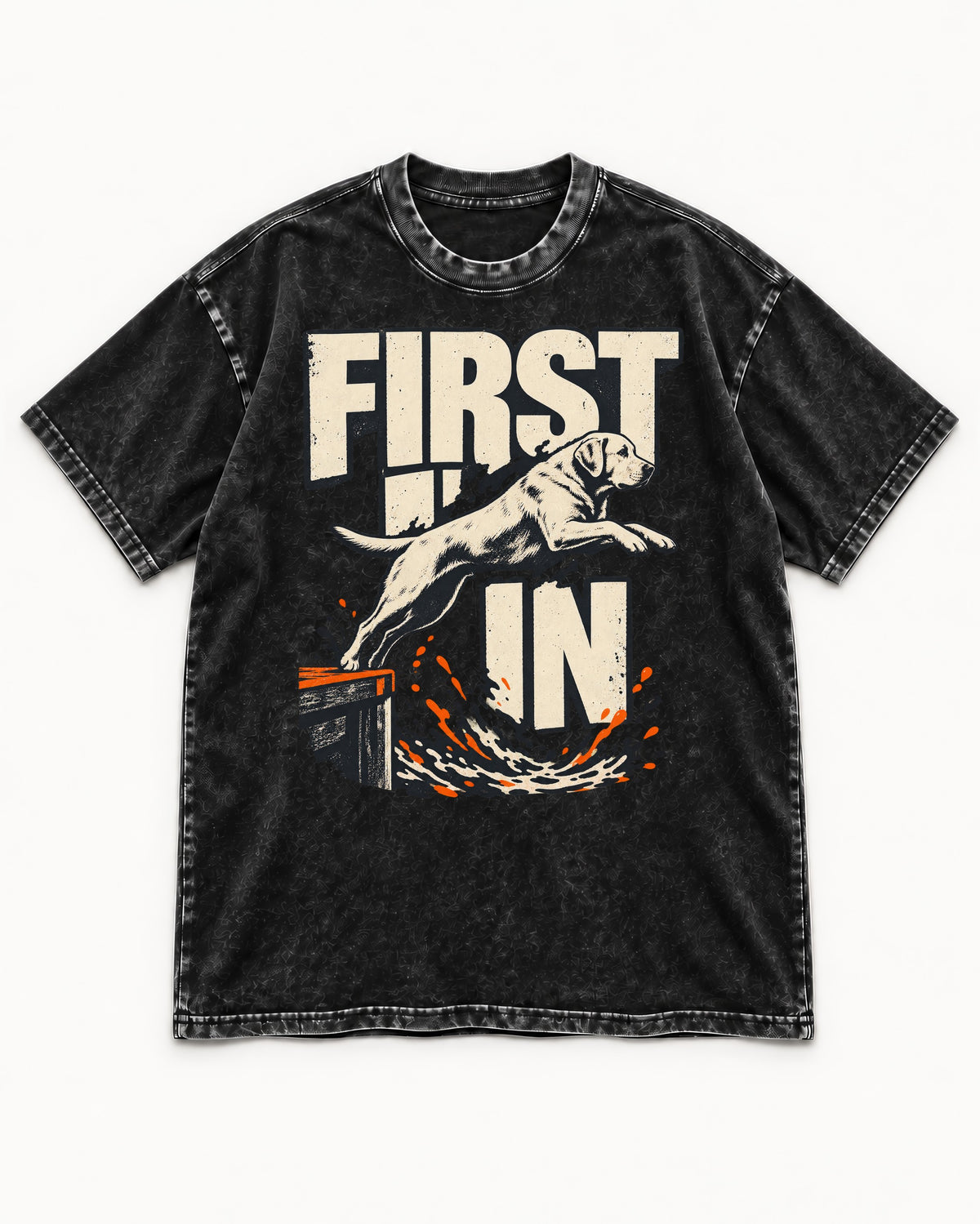 First In Dock Jump Labrador Retriever Graphic Washed Tee in Black, flat lay product photo