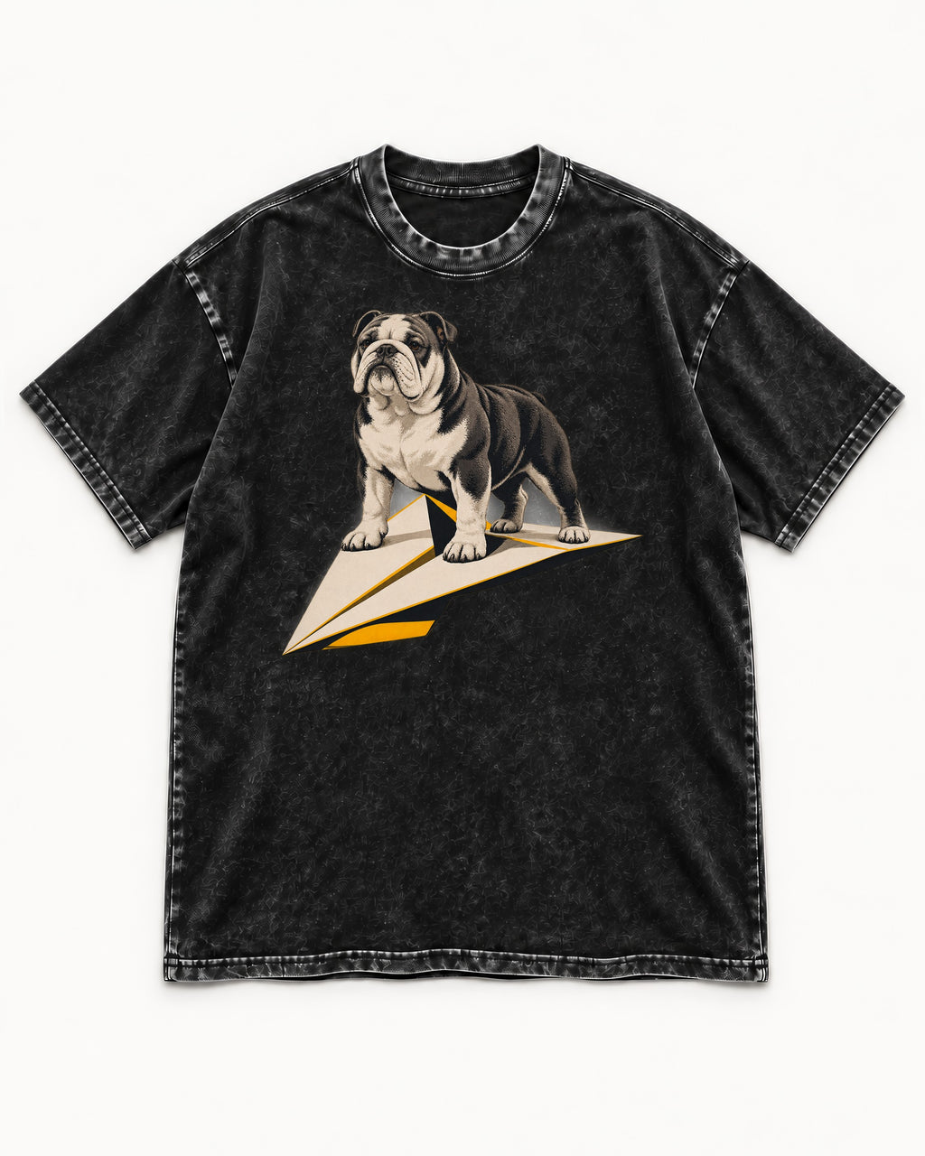English Bulldog Paper Airplane Graphic Washed Tee in Black, flat lay product photo