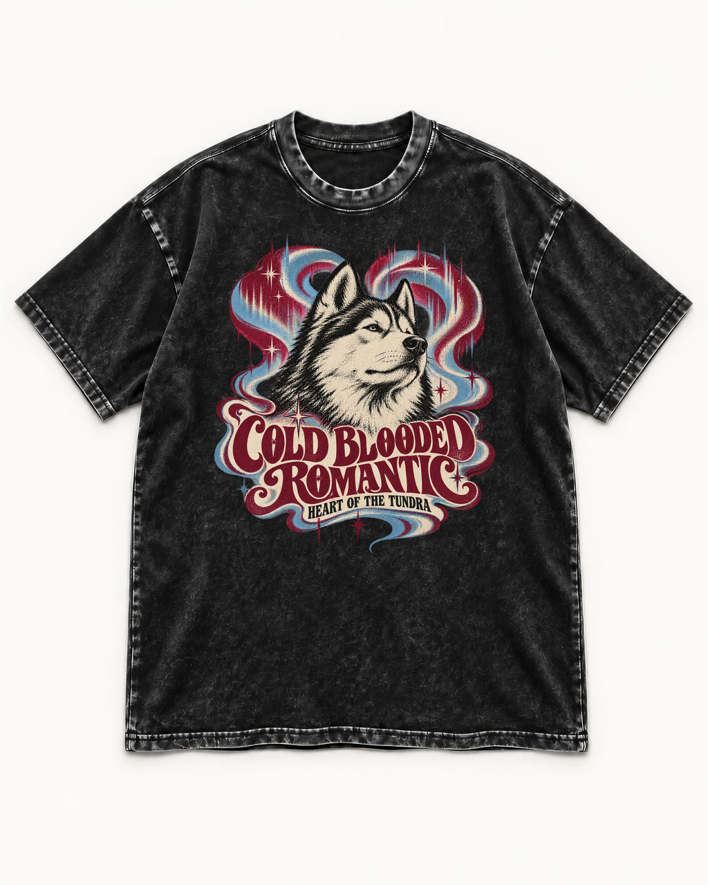 Husky Cold Blooded Romantic Heart of the Tundra Graphic Washed Tee in Black, flat lay product photo