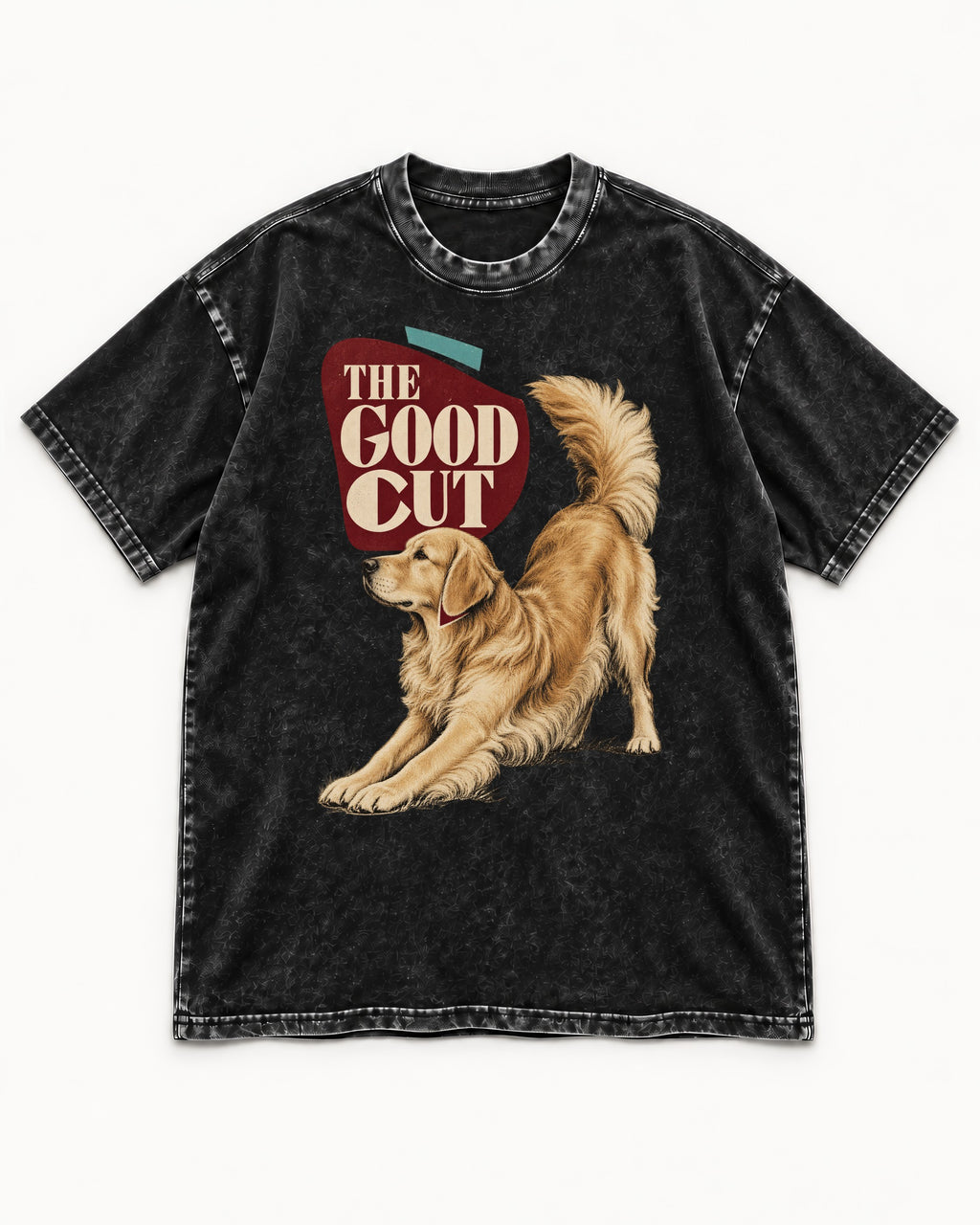 Golden Retriever The Good Cut Play Bow Graphic Washed Tee in Black, flat lay product photo