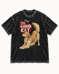 Golden Retriever The Good Cut Play Bow Graphic Washed Tee in Black, flat lay product photo
