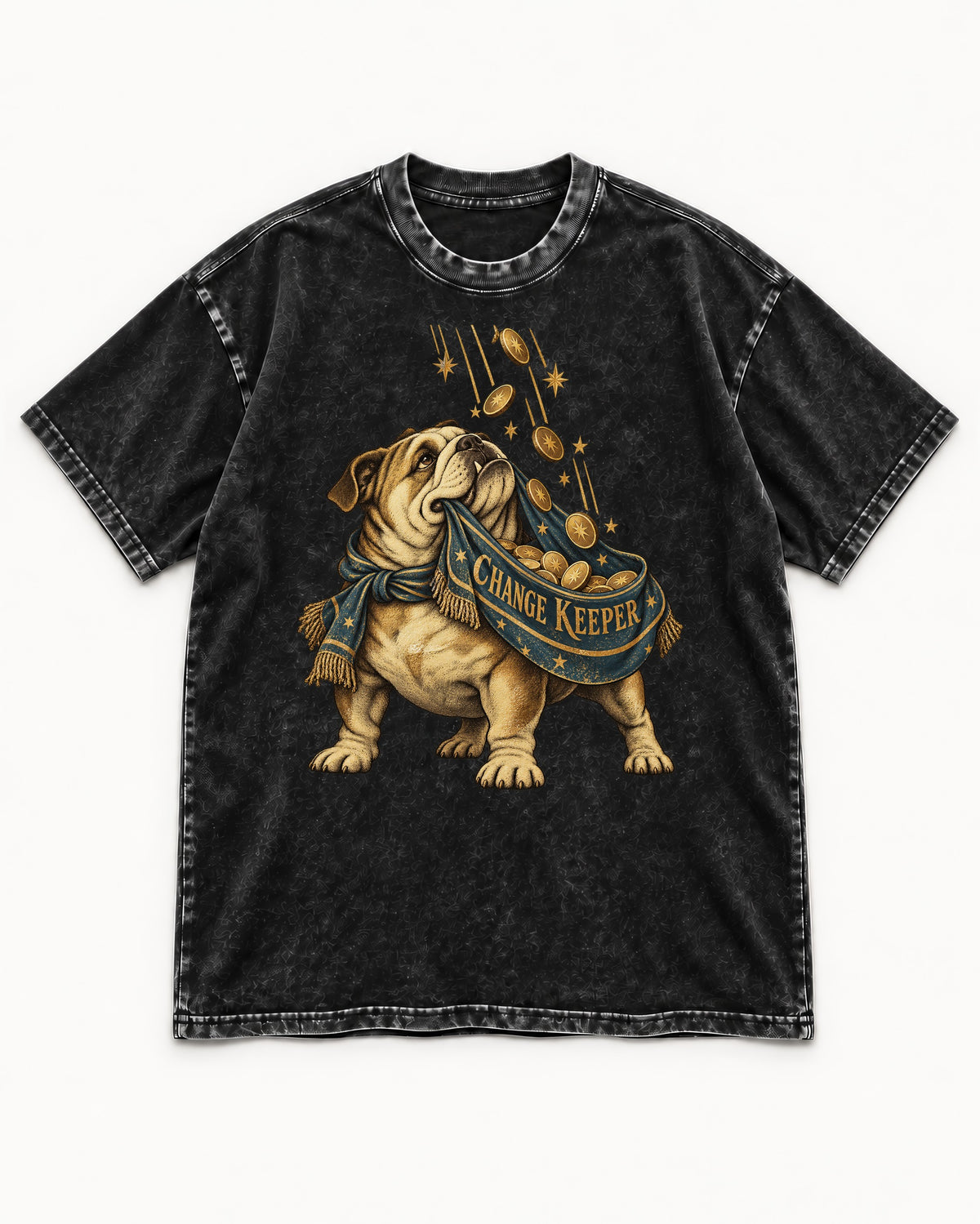 English Bulldog Change Keeper Coin Scarf Graphic Washed Tee in Black, flat lay product photo