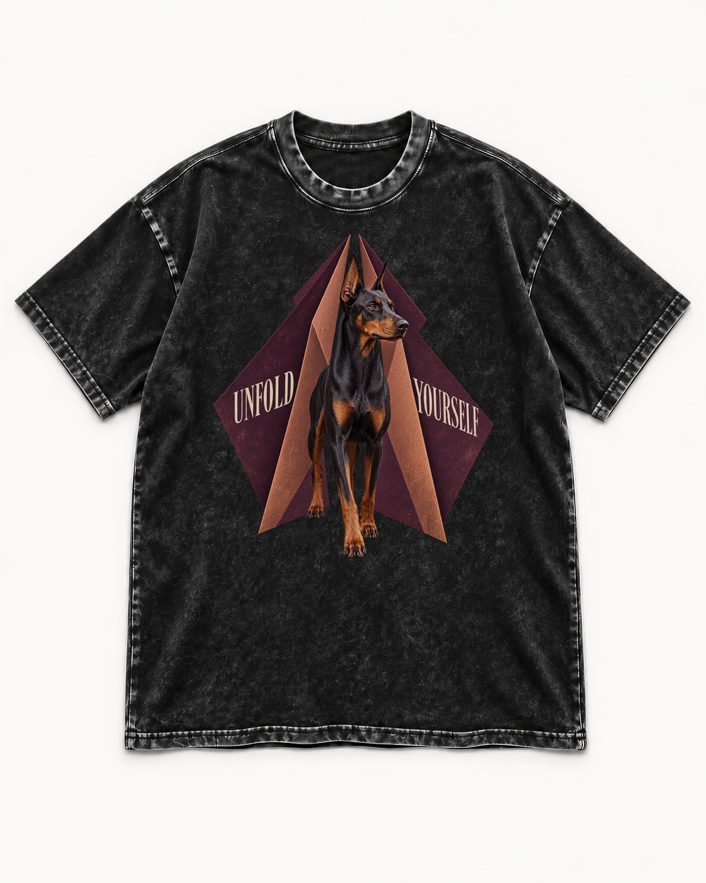 Doberman Unfold Yourself Geometric Portrait Graphic Washed Tee in Black, flat lay product photo