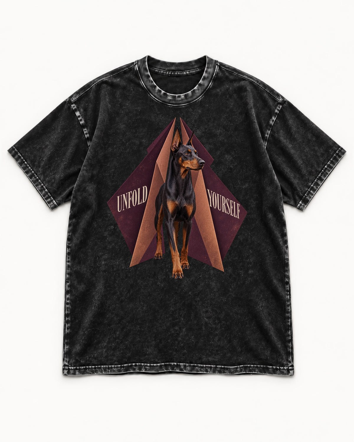 Doberman Unfold Yourself Geometric Portrait Graphic Washed Tee in Black, flat lay product photo