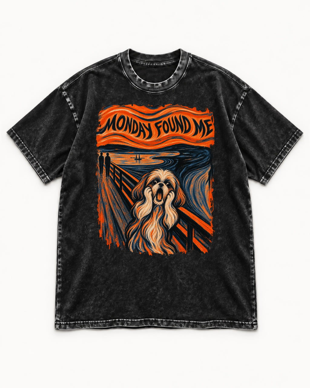 Shih Tzu Monday Found Me Scream Parody Graphic Washed Tee in Black, flat lay product photo