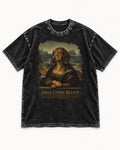 Dachshund Smile Under Review Mona Lisa Graphic Washed Tee in Black, flat lay product photo