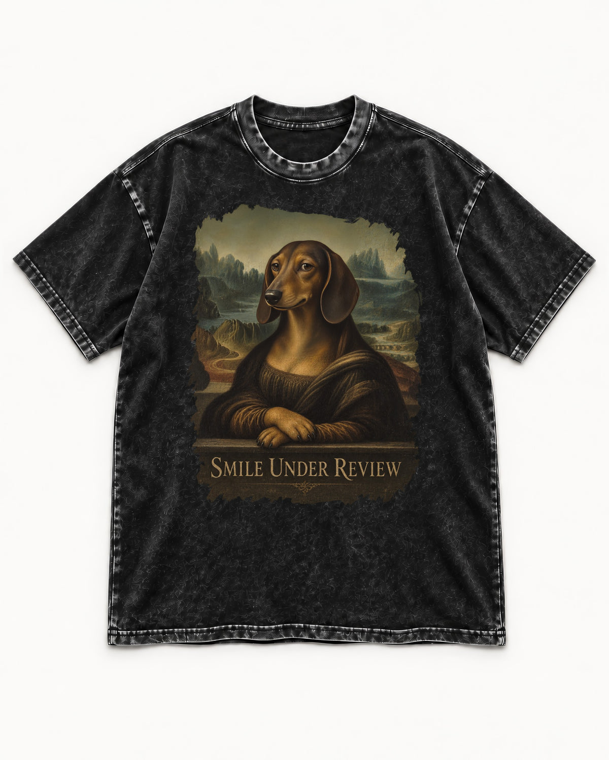 Dachshund Smile Under Review Mona Lisa Graphic Washed Tee in Black, flat lay product photo