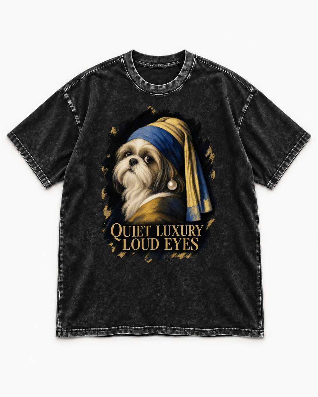 Shih Tzu Quiet Luxury Loud Eyes Pearl Portrait Graphic Washed Tee in Black, flat lay product photo