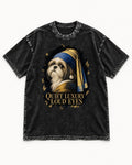 Shih Tzu Quiet Luxury Loud Eyes Pearl Portrait Graphic Washed Tee in Black, flat lay product photo