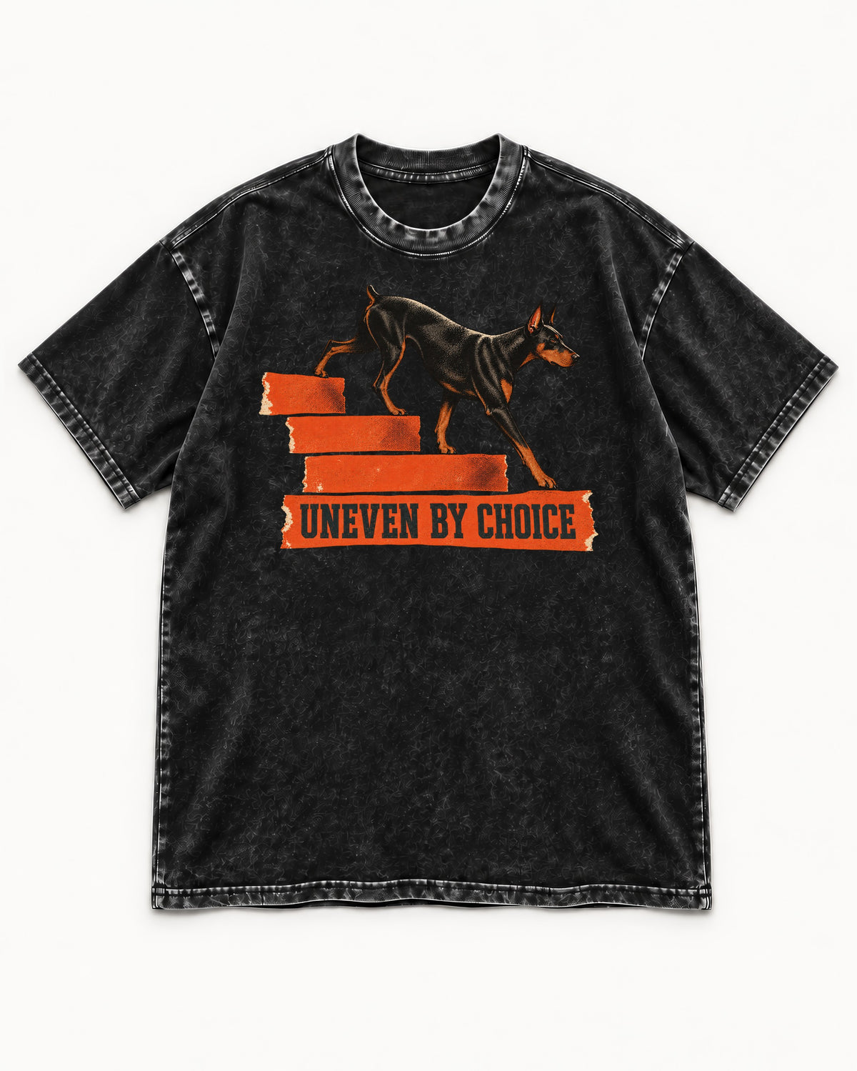 Doberman Uneven by Choice Stair Graphic Washed Tee in Black, flat lay product photo