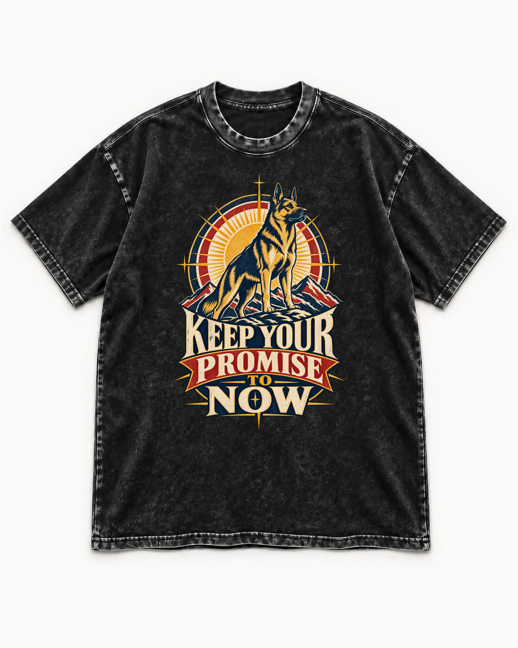 Keep Your Promise To Now Sunrise German Shepherd Dog Graphic Washed Tee in Black, flat lay product photo