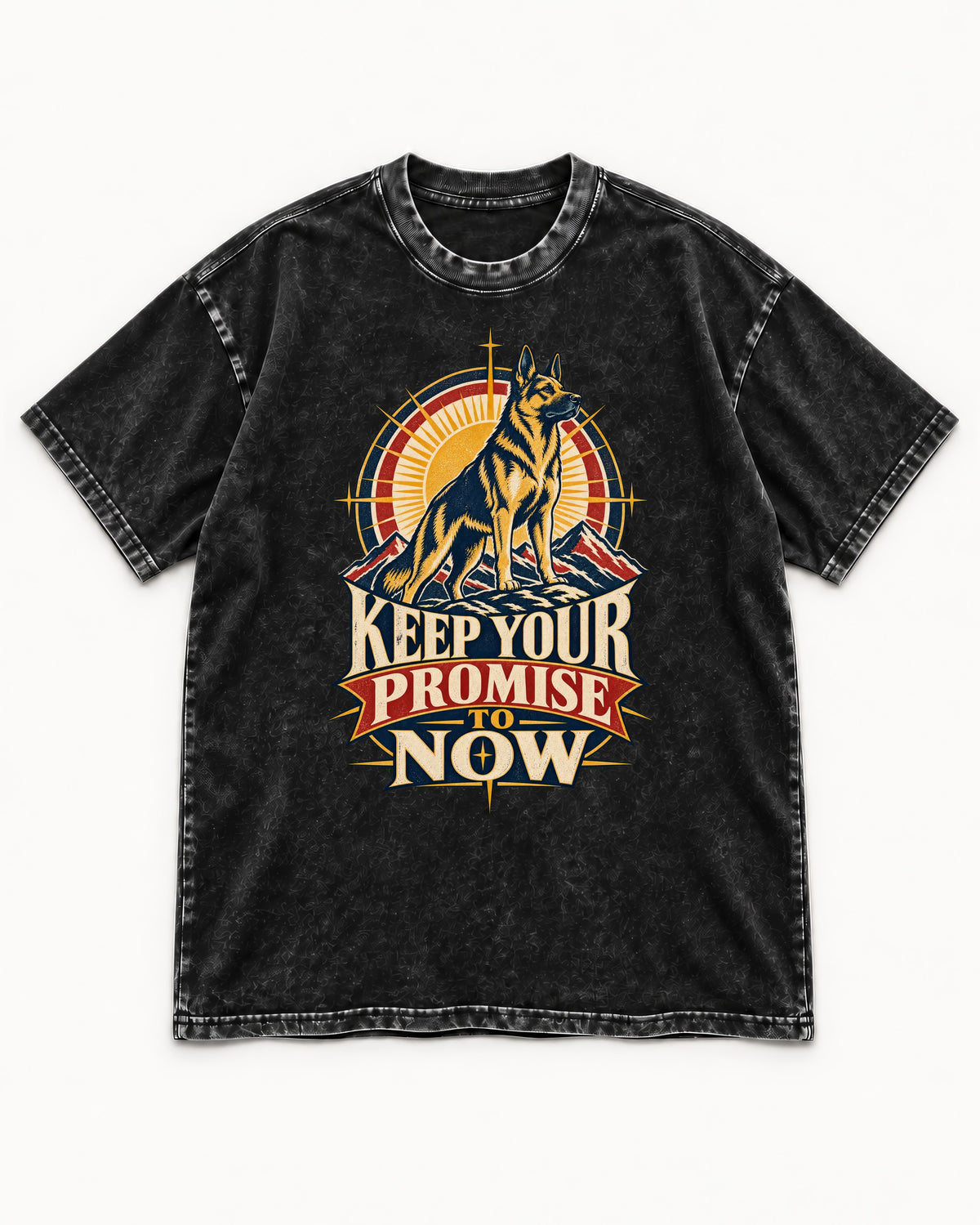 Keep Your Promise To Now Sunrise German Shepherd Dog Graphic Washed Tee in Black, flat lay product photo