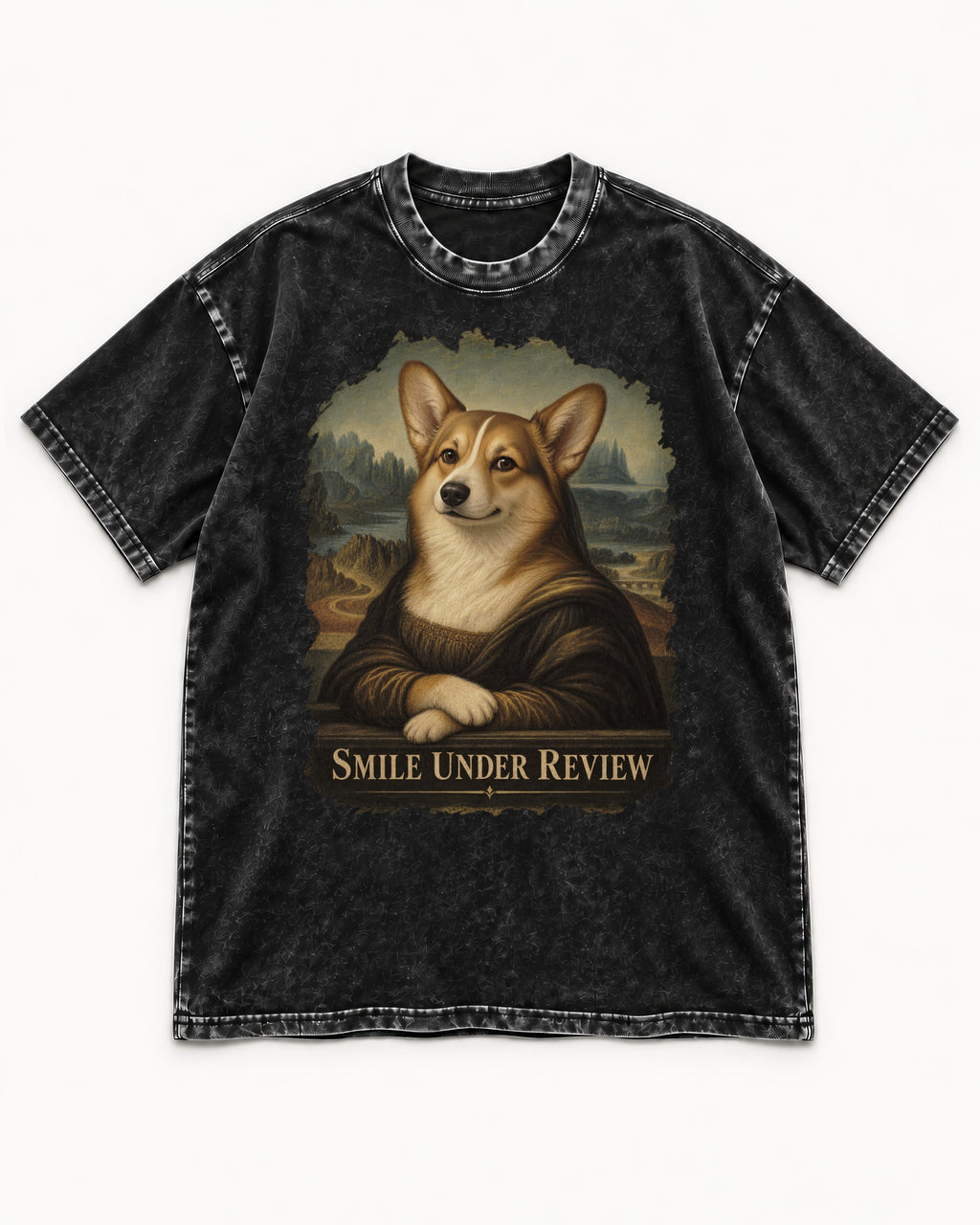 Corgi Smile Under Review Mona Lisa Portrait Washed Tee in Black, flat lay product photo