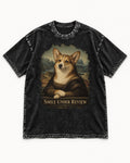 Corgi Smile Under Review Mona Lisa Portrait Washed Tee in Black, flat lay product photo