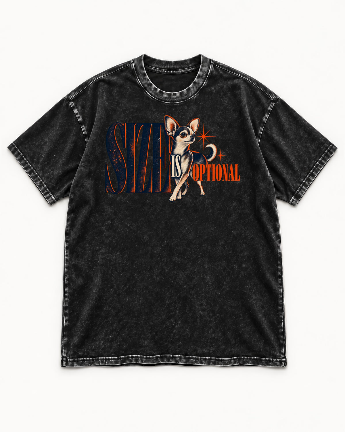 Chihuahua Size Is Optional Starburst Graphic Washed Tee in Black, flat lay product photo