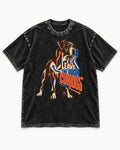Leave the Door Curious Boxer Doorway Arrow Graphic Washed Tee in Black, flat lay product photo