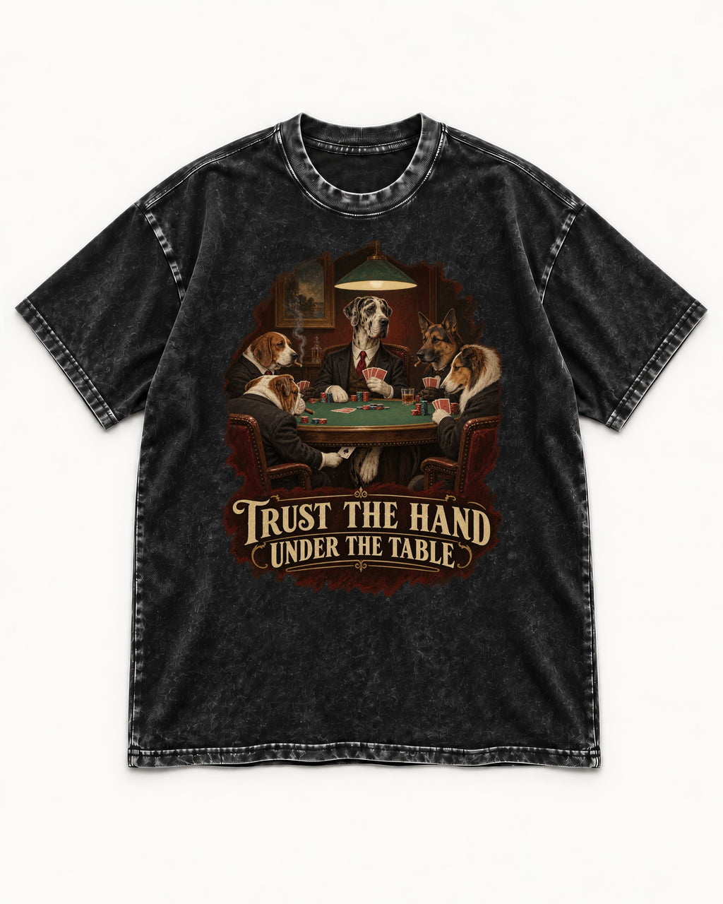 Great Dane Trust the Hand Under the Table Poker Graphic Washed Tee in Black, flat lay product photo